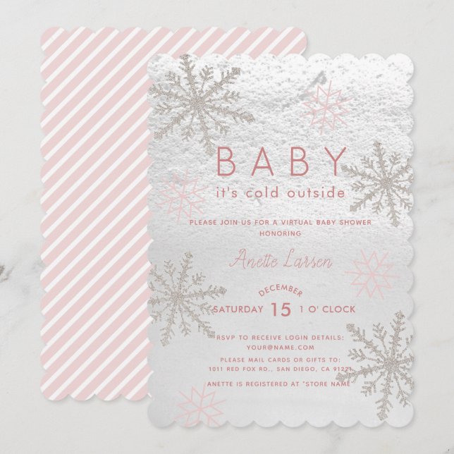 Invitación Bebé rosado de copo de nieve con Baby Shower virtu (Anverso / Reverso)