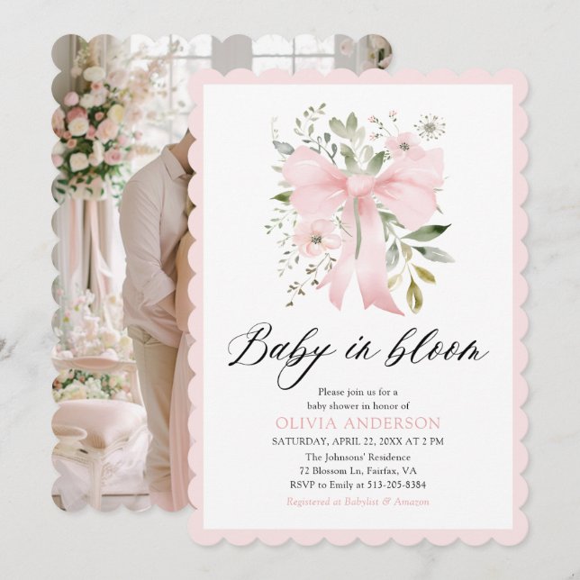 Invitación Bebé rosado en Baby Shower, Chica floral en flor (Anverso / Reverso)