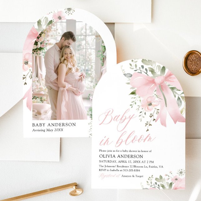 Invitación Bebé rosado en Baby Shower, Chica floral en flor (Pink Bow Floral Baby in Bloom Girl Baby Shower Arched Invitation)