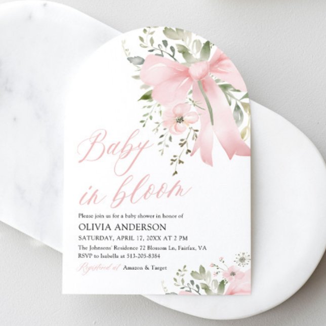 Invitación Bebé rosado en Baby Shower, Chica floral en flor (Pink Bow Floral Baby in Bloom Girl Baby Shower Arched Invitation)