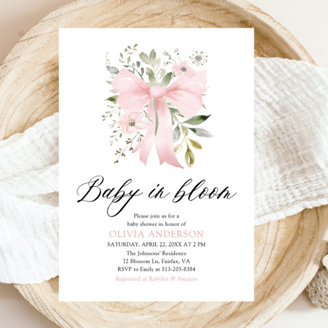 Invitación Bebé rosado en Baby Shower, Chica floral en flor (Blush Pink Bow Floral Baby in Bloom Girl Baby Shower Invitation)
