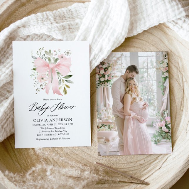 Invitación Bebé rosado en Baby Shower, Chica floral en flor (Blush Pink Bow Floral Girl Baby Shower Invitation)