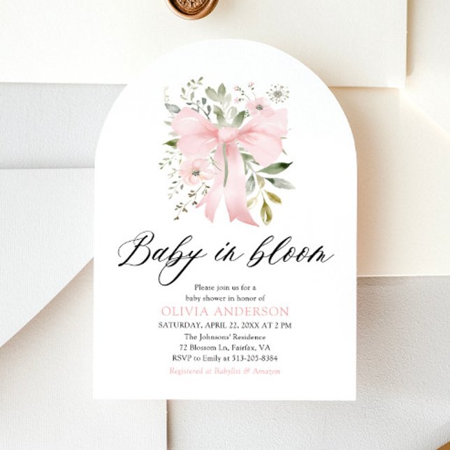 Invitación Bebé rosado en Baby Shower, Chica floral en flor (Blush Pink Bow Floral Baby in Bloom Girl Baby Shower Arched Invitation)