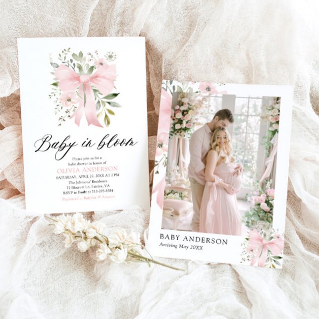Invitación Bebé rosado en Baby Shower, Chica floral en flor (Blush Pink Bow Floral Baby in Bloom Girl Baby Shower Invitation)