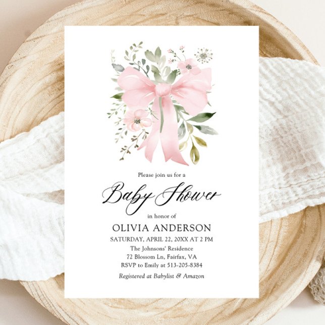 Invitación Bebé rosado en Baby Shower, Chica floral en flor (Blush Pink Bow Floral Girl Baby Shower Invitation)