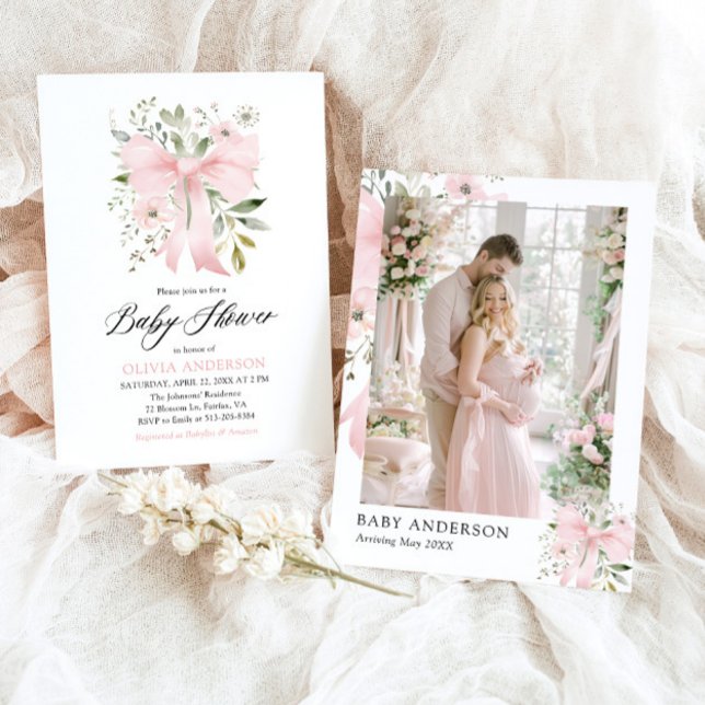 Invitación Bebé rosado en Baby Shower, Chica floral en flor (Watercolor Blush Pink Bow Floral Girl Baby Shower Invitation)