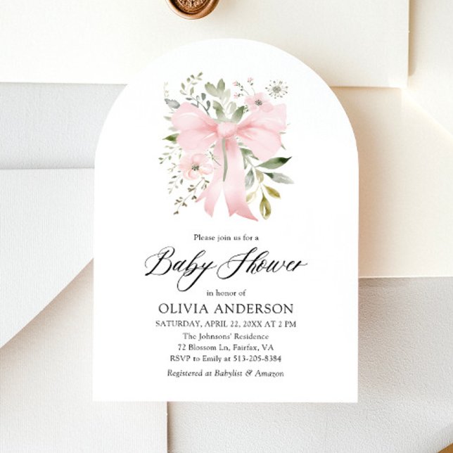 Invitación Bebé rosado en Baby Shower, Chica floral en flor (Blush Pink Bow Floral Girl Baby Shower Arched Invitation)