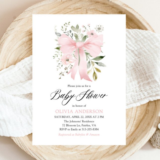 Invitación Bebé rosado en Baby Shower, Chica floral en flor (Watercolor Blush Pink Bow Floral Girl Baby Shower Invitation)