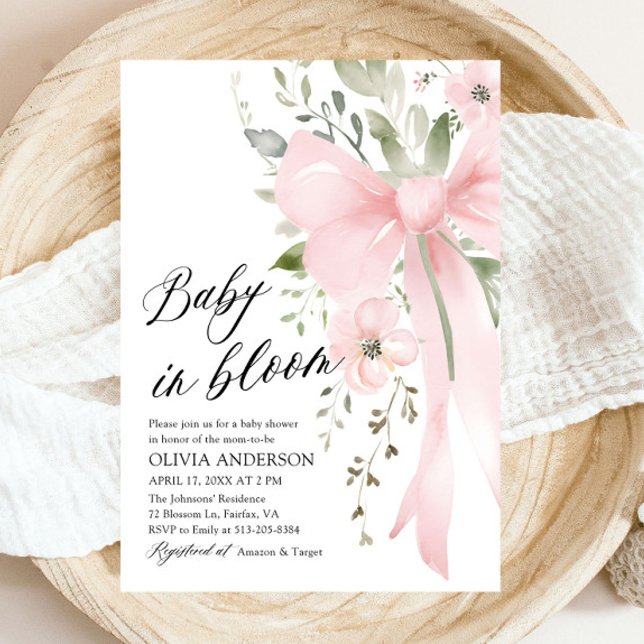 Invitación Bebé rosado en Baby Shower, Chica floral en flor (Watercolor Cute Pink Bow Baby in Bloom Floral Girl Baby Shower Invitation)