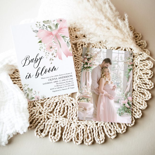 Invitación Bebé rosado en Baby Shower, Chica floral en flor (Watercolor Pink Bow Baby in Bloom Floral Girl Baby Shower Invitation)