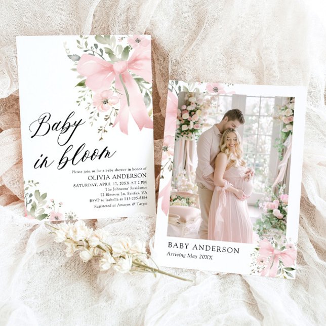 Invitación Bebé rosado en Baby Shower, Chica floral en flor (Watercolor Pink Bow Baby in Bloom Floral Girl Baby Shower Invitation)