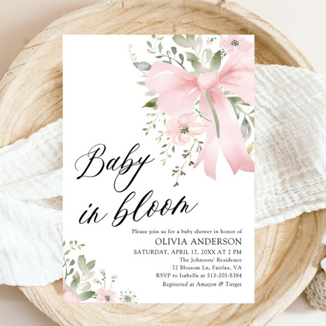 Invitación Bebé rosado en Baby Shower, Chica floral en flor (Watercolor Pink Bow Baby in Bloom Floral Girl Baby Shower Invitation)