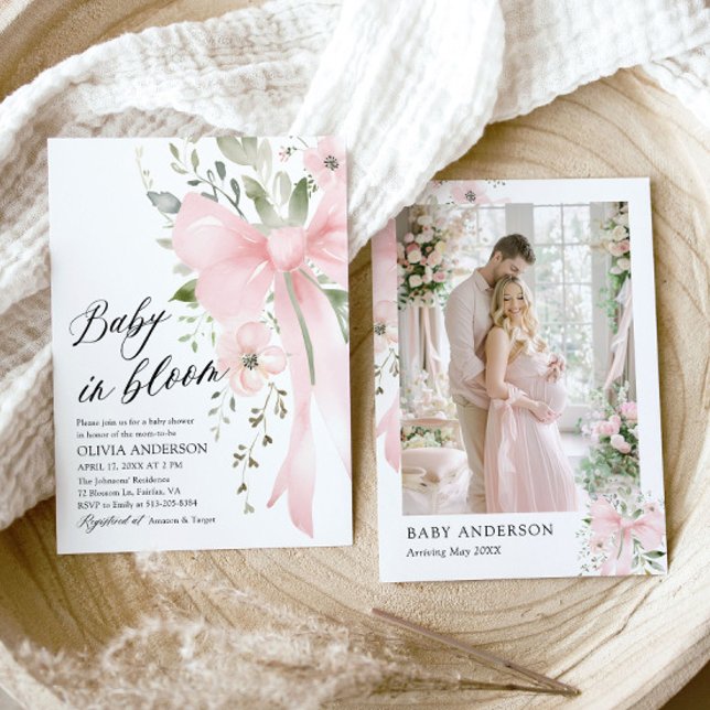 Invitación Bebé rosado en Baby Shower, Chica floral en flor (Watercolor Cute Pink Bow Baby in Bloom Floral Girl Baby Shower Invitation)