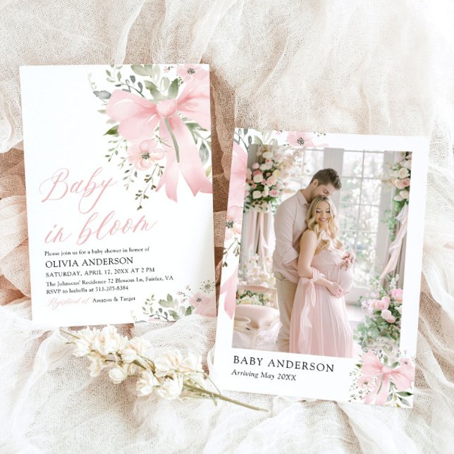 Invitación Bebé rosado en Baby Shower, Chica floral en flor (Watercolor Pink Bow Baby in Bloom Floral Girl Baby Shower Invitation)