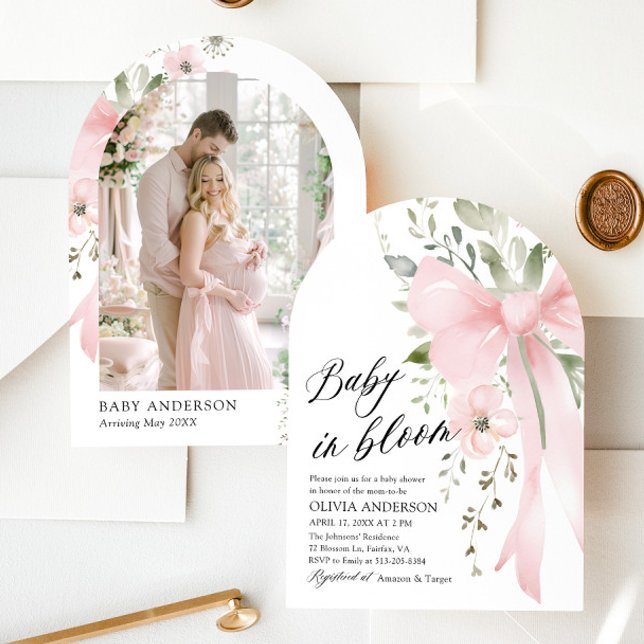 Invitación Bebé rosado en Baby Shower, Chica floral en flor (Watercolor Cute Pink Bow Baby in Bloom Floral Girl Arch Baby Shower Invitation)