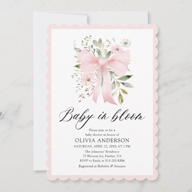 Invitación Bebé rosado en Baby Shower, Chica floral en flor (Anverso)