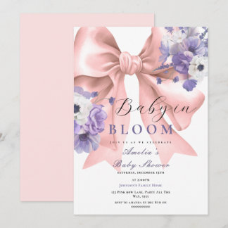 Invitación Bebé rosado en flor morada Baby Shower en sangre