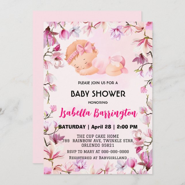 Invitación Bebé rosado lindo Niña flores bebé ducha niños (Anverso / Reverso)