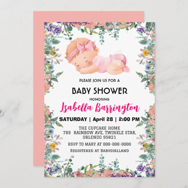 Invitación Bebé rosado lindo Niña flores bebé ducha niños (Anverso / Reverso)