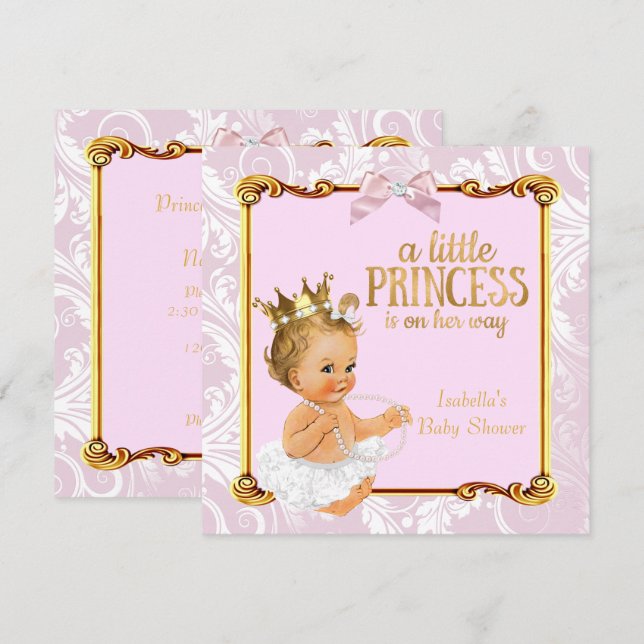 Invitación Bebé Rubia Princesa Baby Shower Blanco Rosa Dorado (Anverso / Reverso)