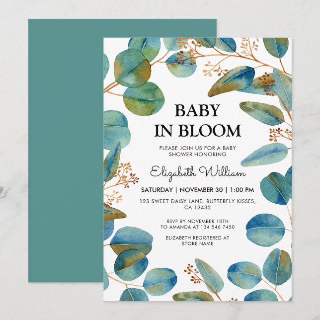 Invitación Bebé Rústico De Eycalyptus En Baby Shower En Bloom (Anverso / Reverso)