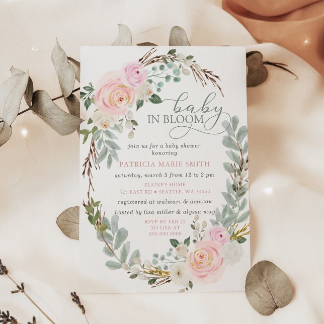 Invitación Bebé sabio en Baby Shower, Chica floral rosa en fl (Sage Baby in Bloom Pink Floral Girl Baby Shower Invitation)