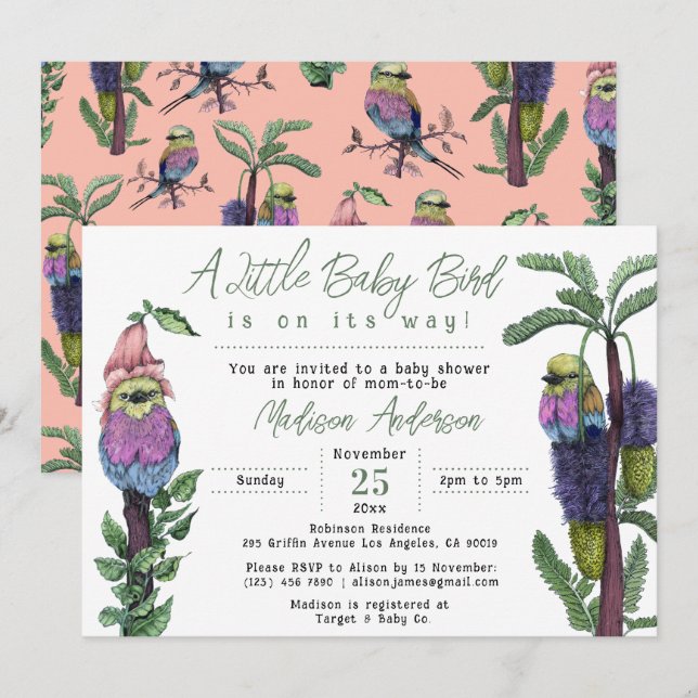 Invitación Bebé Safari Aves Tropicales Rosa Dulce Shower (Anverso / Reverso)