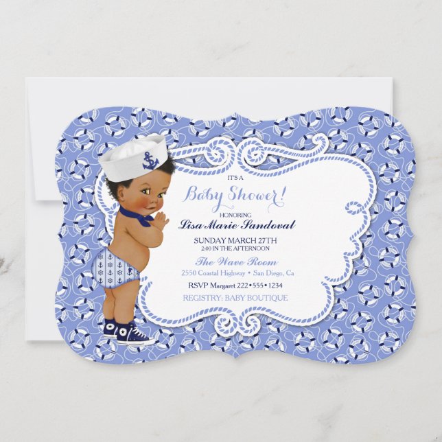 Invitación Bebé Sailor Tema Náutico Azul y Blanco (Anverso)