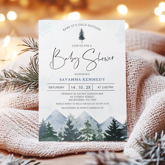 Invitación Bebé salvaje hace frío fuera de Baby Shower (Baby It's Cold Outside baby Shower Invitation, Winter Baby Shower Invite, Wilderness Scene Mountains)
