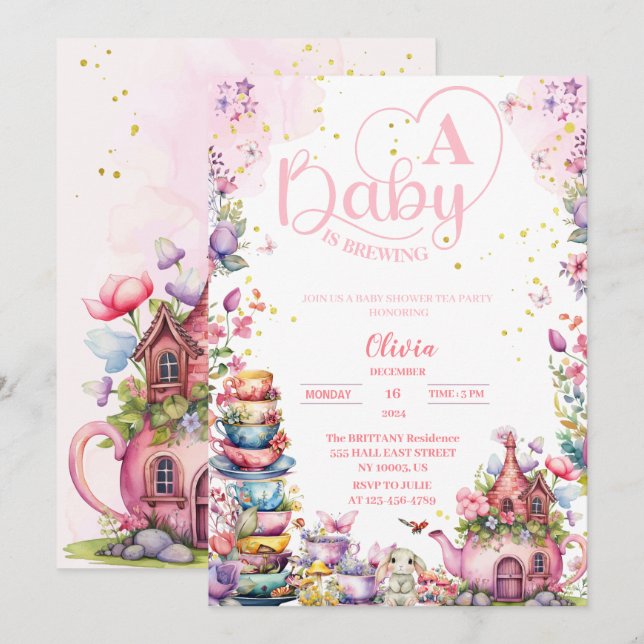 Invitación bebé se está preparando té de oro rosa para bebé d (Anverso / Reverso)