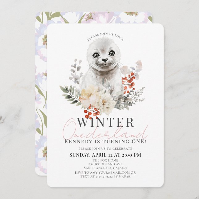Invitación Bebé Seal Winter Onederland Chica 1er cumpleaños (Anverso / Reverso)