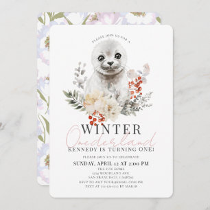 Invitación Bebé Seal Winter Onederland Chica 1er cumpleaños
