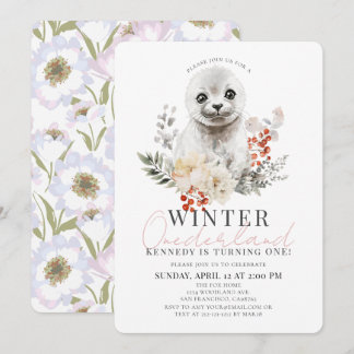 Invitación Bebé Seal Winter Onederland Chica 1er cumpleaños
