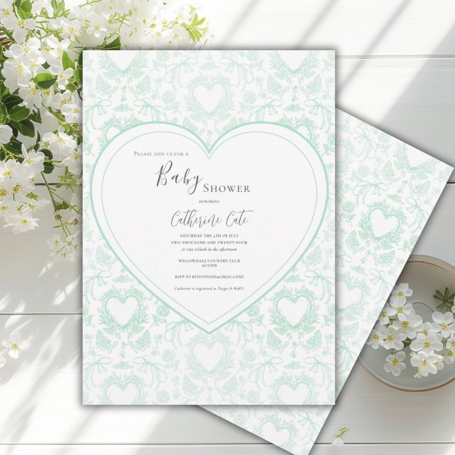 Invitación Bebé Shower Corazón Caprichoso Floral Verde (Subido por el creador)