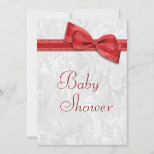 Invitación Bebé Shower Damasco Blanco y Lazo Falso