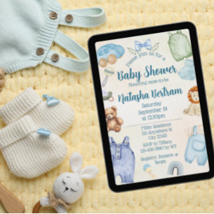 Invitación Bebé Shower de Juguetes y Ropa Acuarela Azul