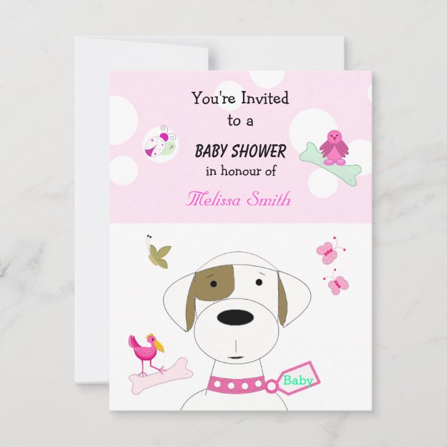 Invitación Bebé Shower de Niña con Perro de Dibujos Animados (Anverso)