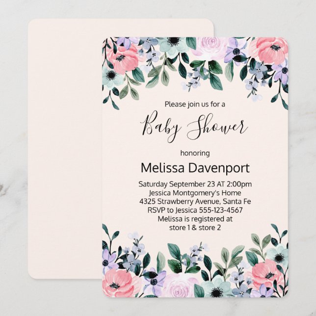 Invitación Bebé shower floral acuarela rosa púrpura verde (Anverso / Reverso)