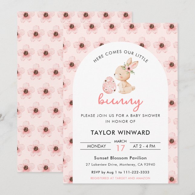 Invitación Bebé shower floral de conejito de Pascua (Anverso / Reverso)