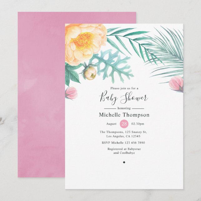 Invitación Bebé Shower Floral Rosa Tropical y Menta (Anverso / Reverso)