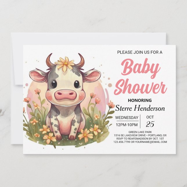 Invitación Bebé Shower Imprimible de Vaquita Linda de Granja (Anverso)