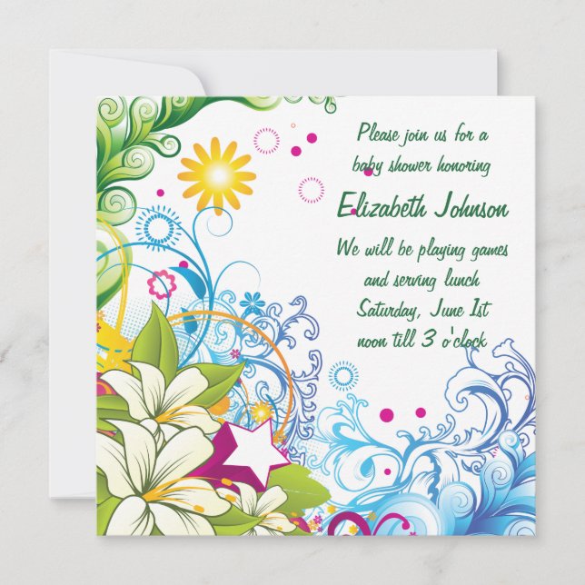 Invitación Bebé Shower Neutro con Flores Retro y Estrellas Ad (Anverso)