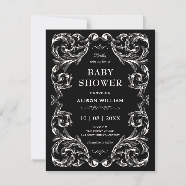 Invitación Bebé shower Vintage Gótico Negro (Anverso)