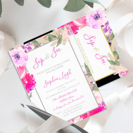 Invitación Bebé Sip y ver Rosas florales rosados de oro