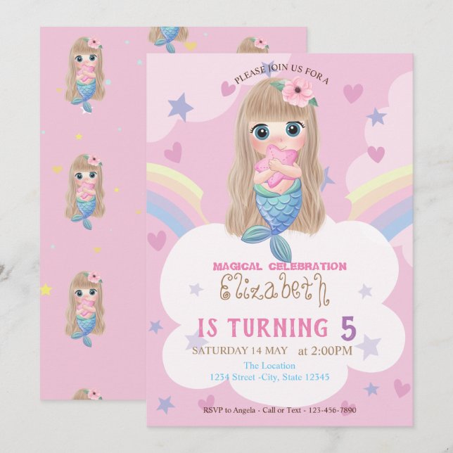 Invitación Bebé sirena anuncia cumpleaños arcoiris (Anverso / Reverso)