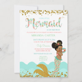 Invitación Bebé Sirena Niña Afroamericana Melocotón Menta Oro