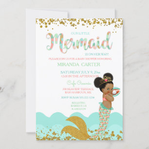 Invitación Bebé Sirena Niña Afroamericana Melocotón Menta Oro