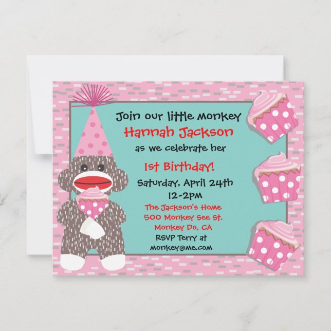Invitación Bebé Sock mono quequito pastel de cumpleaños Invit (Anverso)