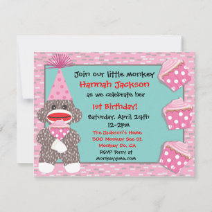 Invitación Bebé Sock mono quequito pastel de cumpleaños Invit