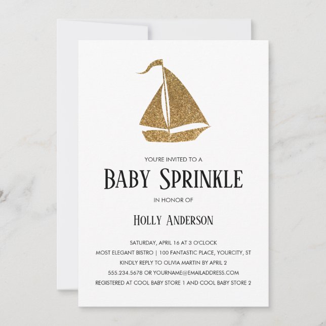 Invitación Bebé Sprinkle Faux Gold Purpurina Sailboat (Anverso)